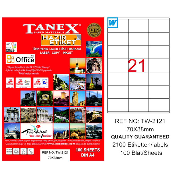 Tanex Laser Etiket 100 YP 70x38 Laser-Copy-Inkjet TW-2121