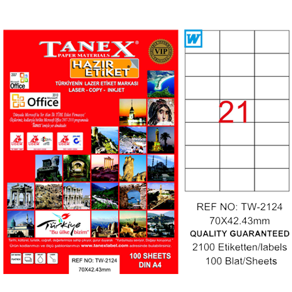 Tanex Laser Etiket 100 YP 70x42.43 Laser-Copy-Inkjet TW-2124
