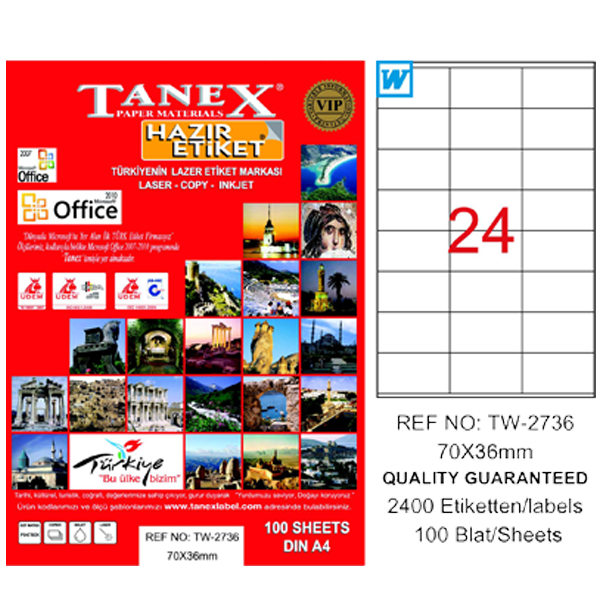 Tanex Laser Etiket 100 YP 70x36 Laser-Copy-Inkjet TW-2736