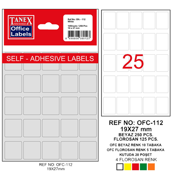 Tanex Ofis Etiketi Poşetli 19x27 MM Beyaz OFC-112