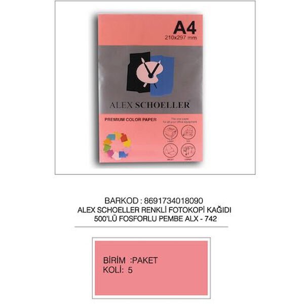 Alex Schoeller Renkli Fotokopi Kağıdı 500 LÜ A4 75 GR Fosforlu Pembe ALX-742