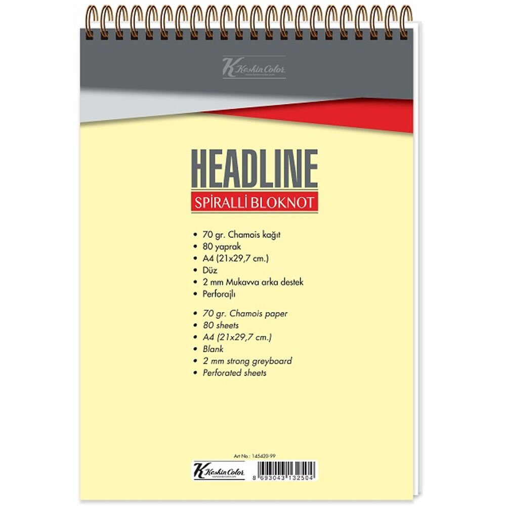 Keskin Color Bloknot Spiralli Headline Karton Kapak A5 80 YP Kareli 145432-99
