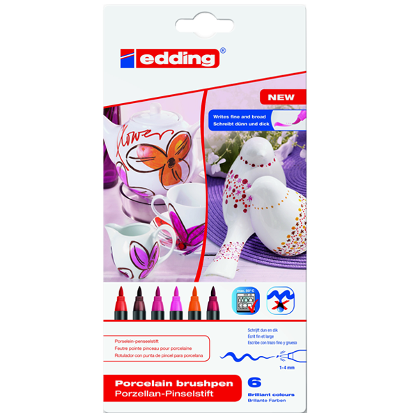 Edding Porselen Kalemi Fırça Uçlu 1-4 MM 6 LI Sıcak Renkler 4200/6S