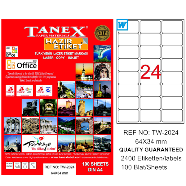Tanex Laser Etiket 100 YP 64x34 Laser-Copy-Inkjet TW-2024