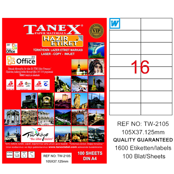 Tanex Laser Etiket 100 YP 105x37 Laser-Copy-Inkjet TW-2105