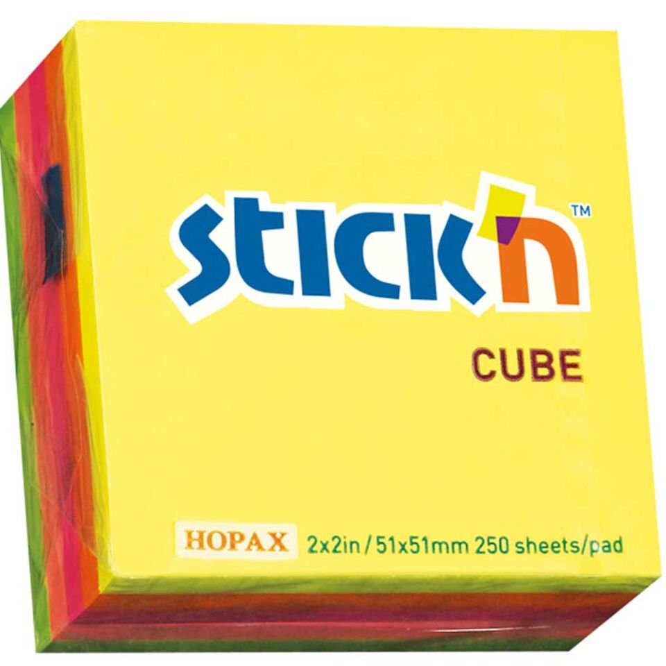 Hopax Stıckn Yapışkanlı Not Kağıdı Küp 250 YP 50x50 Neon 5 Renk 21203