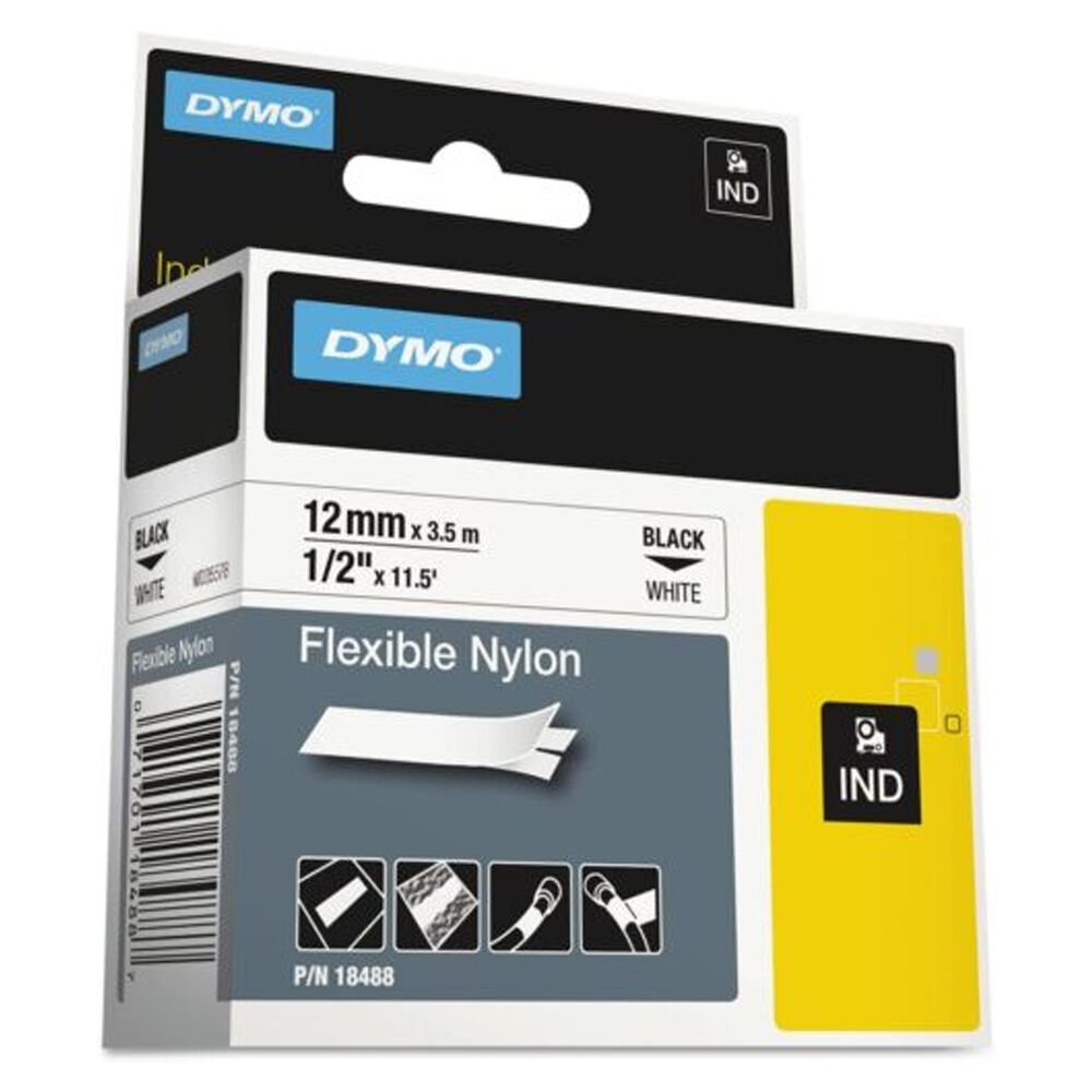 Dymo Rhinopro Esnek Naylon Şerit 12mmx3,5m Beyaz/Siyah 18488