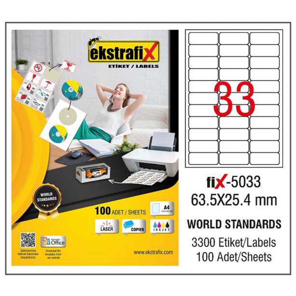 Ekstrafix Laser Etiket 100 YP 63,5X25,4 Laser-Copy-Inkjet FİX-5033